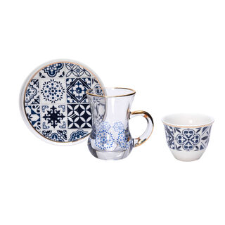 طقم أكواب شاي وفناجين قهوة سعودية زجاج وبورسلان أزرق 18 قطعة من لاميسا