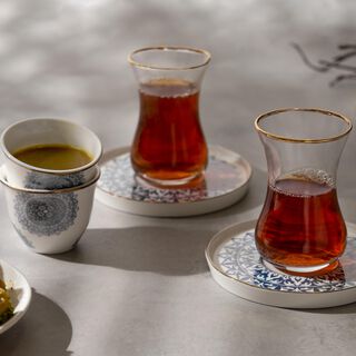 طقم أكواب شاي وفناجين قهوة سعودية زجاج وبورسلان أبيض 18 قطعة من لاميسا